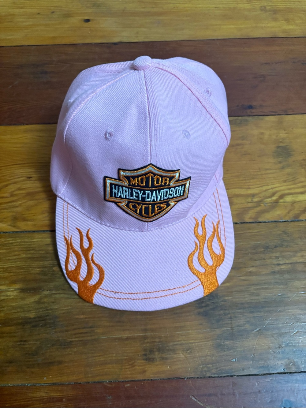 Pink hat with Harley Davidson Hat with Orange Flame Details